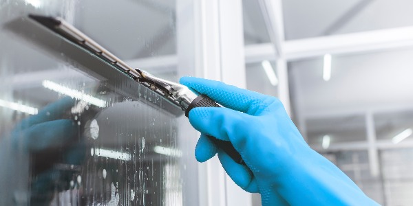 A man wearing light blue rubber gloves cleans the surface of an interior office window with a glass wiper or squeegee. The surface is sprayed with soap.